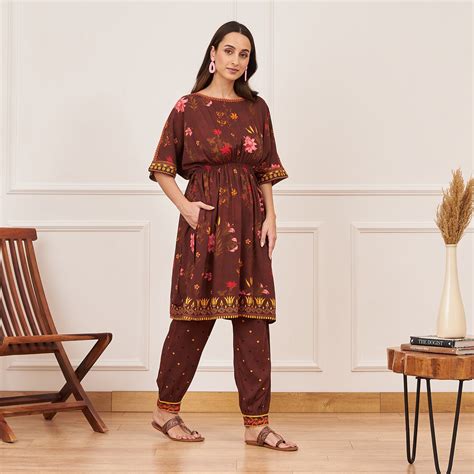 Buy Brown Floral Drawstring Kurta Salwar Co ord Set | Rustorange