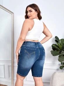 SHEIN Essnce Plus Washed Denim Shorts | SHEIN USA