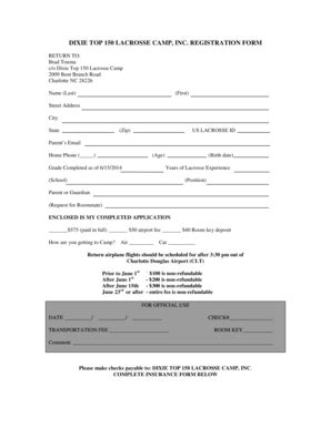 Fillable Online DIXIE TOP 150 LACROSSE CAMP, INC. REGISTRATION FORM Fax ...
