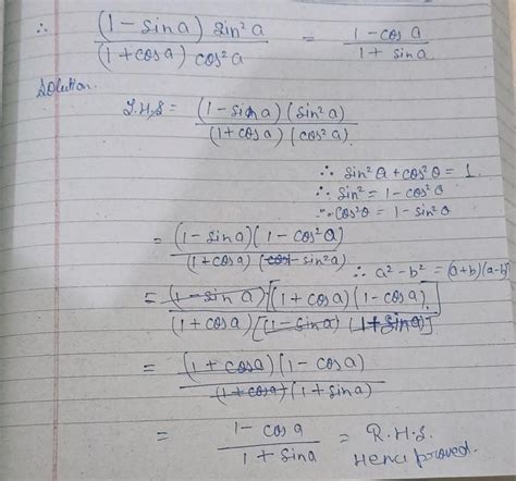 (1-sina)sin^2a/(1+cosa)cos^2a=1-cosa/1+sina - Brainly.in