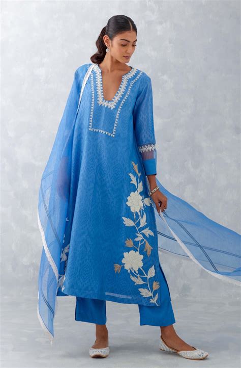 Devnaagri - Blue Embroidered Chanderi Kurta Set