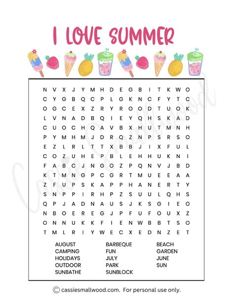 Word Search Printable Summer