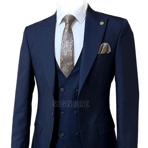 Navy blue 3 piece suit with double breasted vest - Signore