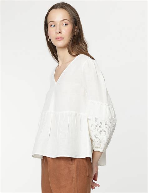 Buy Linen Rich Embroidered Blouse at Marks & Spencer