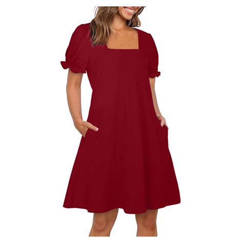 Uaswgudfs Women’s Square Neck Puff Sleeve Short Sleeve Flared Midi ...