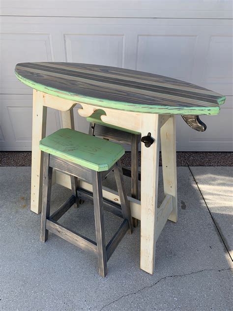Surfboard Table with 2 stools | Surfboard table and bar stools ...