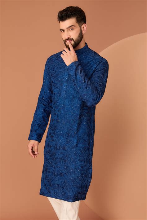 Navy Blue chikankari kurta with intricate thread and sequin work