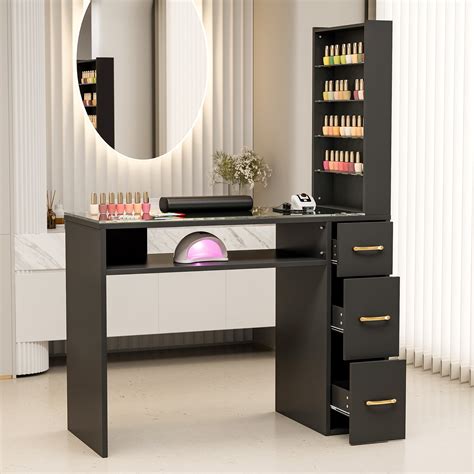 Paddie Manicure Table with Drawers, Glass Top Nail Desk Nail Tech Table ...