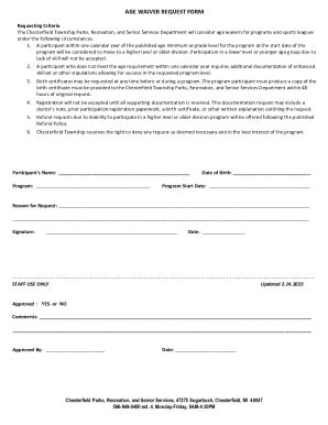 Fillable Online parks chesterfieldtwp Age Waiver Request Form ...