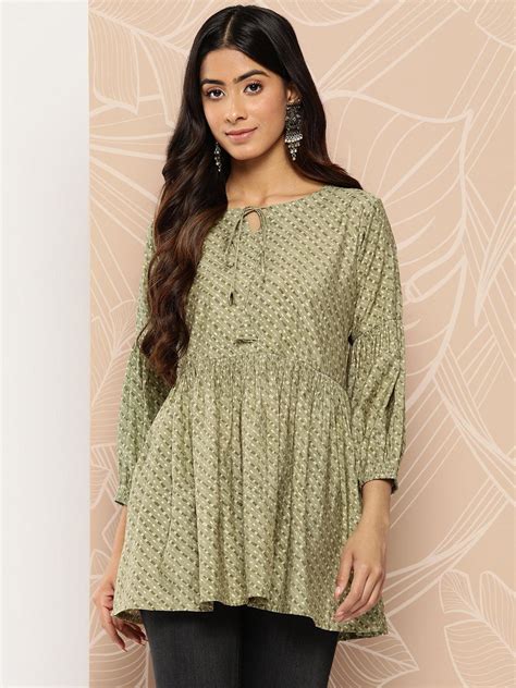 Buy Olive Printed Silk Blend A-Line Kurti Online at Rs.299 | Libas