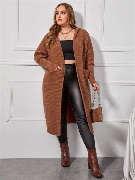 Plus Double Pocket Drop Shoulder Hooded Cardigan | SHEIN USA