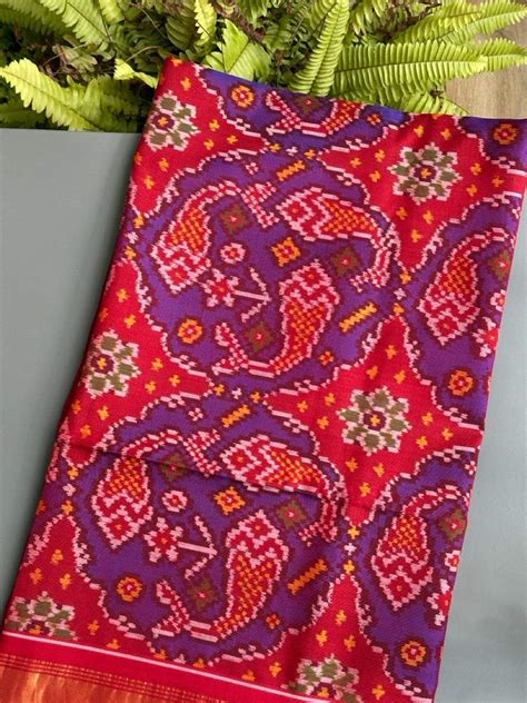 Handloom Purple and Red Mulberry Silk Ikat Patola Dupatta with Fish Ch ...