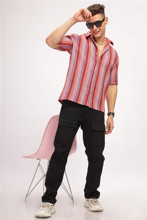 Gritstones Red Striped Self Design Textured Shirt