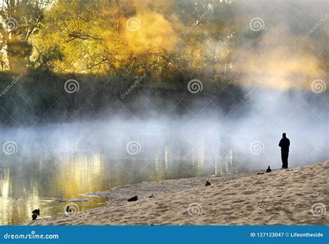 Lonely Man Standing Soul Searching on Bank Foggy Misty River Stock ...