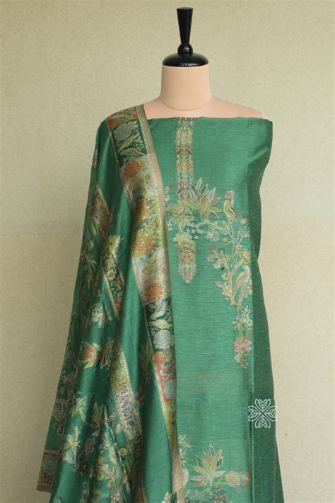 Green Kani Silk Suit with Floral Dupatta | Imperial Weaves