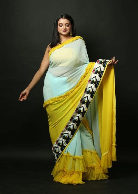 Georgette Designer Ruffle Saree with Handwoven Tribal Work – Anvi Couture