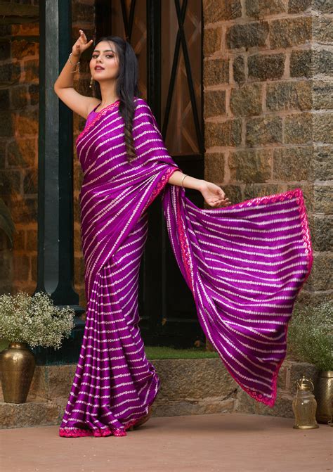Buy Purple Bandhani Satin Saree - Koskii