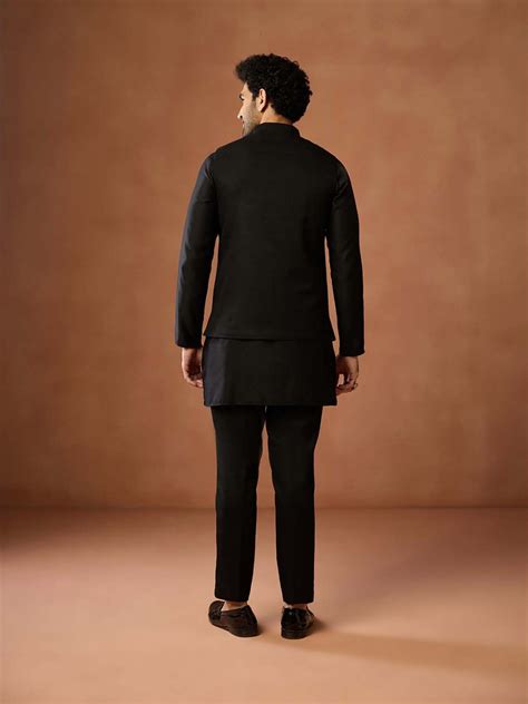 Buy KISAH Men Black Silk Blend Kurta With Trouser & Embroidered Nehru ...