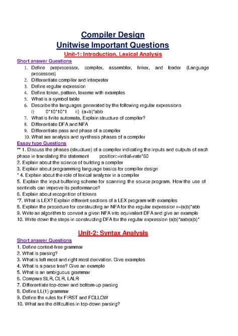 Compiler Design CSE: Unitwise Important Questions & Answers - Studocu