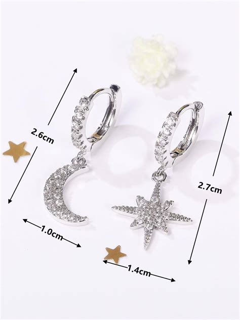 Cubic Zirconia Moon & Star Mismatched Drop Earrings | SHEIN USA
