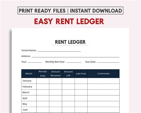 Simple One Page Rent Ledger Template PDF - Etsy