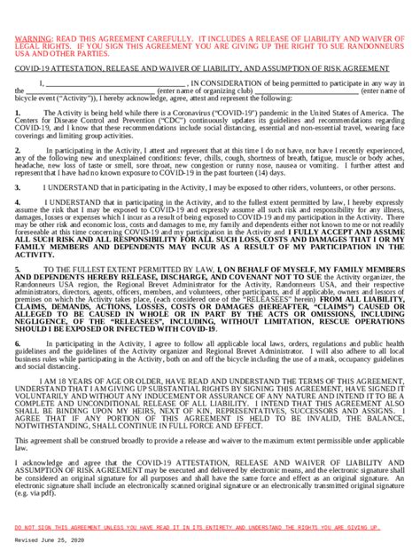 Covid-19 Attestation, Release and Waiver of Liability Agreement Doc ...