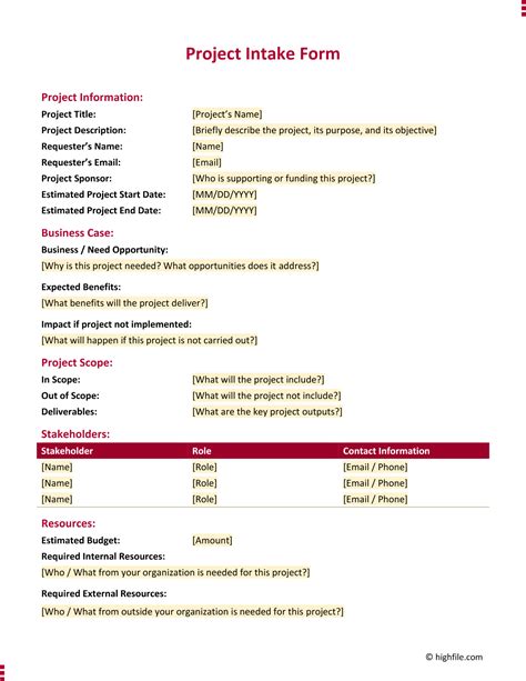 Image result for Project Intake Form Template Word