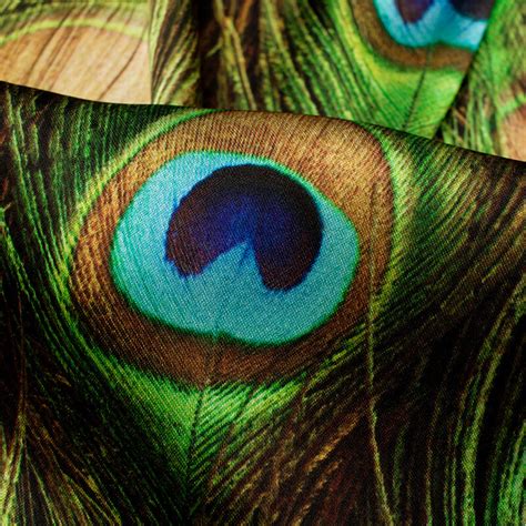 Green And Navy Blue Peacock Feather Pattern Digital Print Japan Satin ...