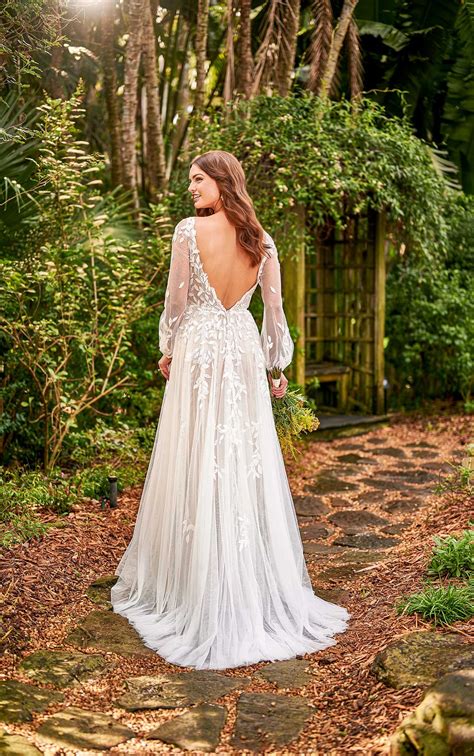 Sheer Boho-Style Wedding Dress with Bell Sleeves - Essense of Australia Wedding Dresses