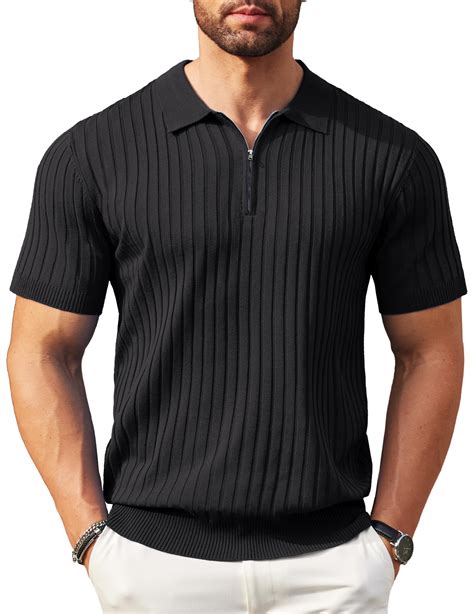 COOFANDY Men's Zipper Polo Shirts Short Sleeve Ribbed Knit Polo T ...