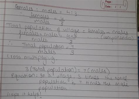 The ratio of females and males in a village is 2:3. Set up an equation ...