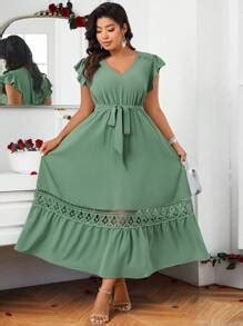 SHEIN Belle Vestido Longo com Patches de Renda e Mangas Curtas em ...