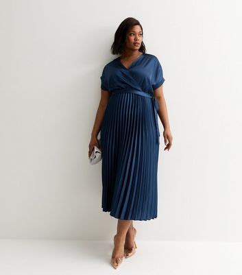 Curves Navy Satin Pleated Wrap Midi Dress | New Look