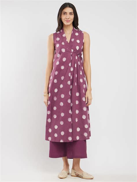 BuyBurgundy Cotton Dabu Polka Wrap Kurta Set Online | Pink Fort