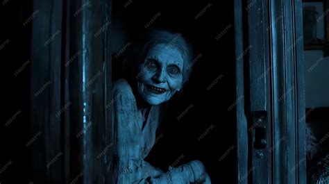 Creepy scary old woman in haunted house Horror Halloween concept ...