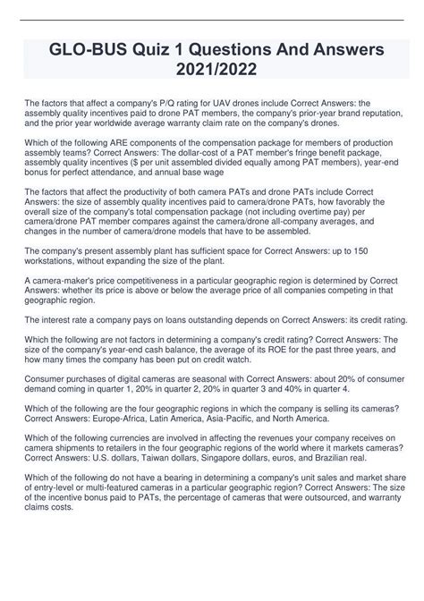 Glo-Bus Quiz 1 Questions And Answers Complete Solutions With Verified ...