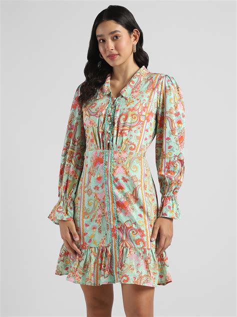 Women Green Printed Fit & Flare dress with waist cut out – FYVA