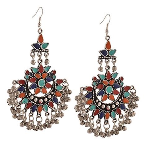 Buy I Jewels Tribal Oxidized Silver and American Diamond Chand Bali ...
