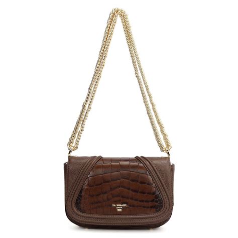 Small Croco Franzy Leather Shoulder Bag - Walnut – Da Milano