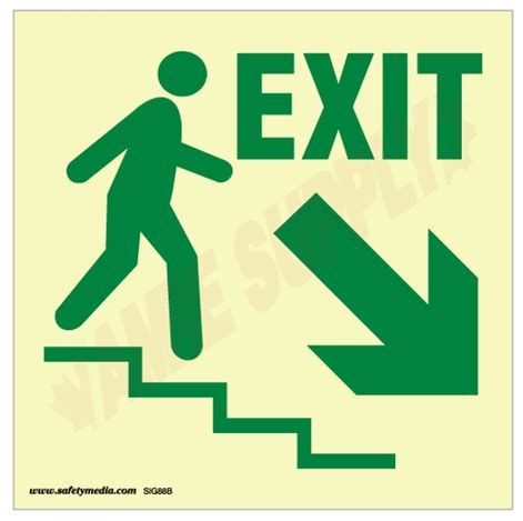 SIG88B : Safety Media Glow-In-The-Dark Stairwell Exit Sign, Down/Right ...