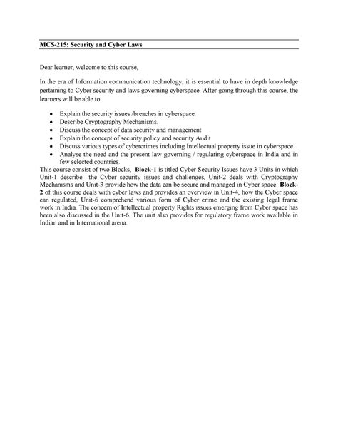 Unit 11 Cyber Security and Cyber Law Breaches - MCS-2 15 : Security and ...