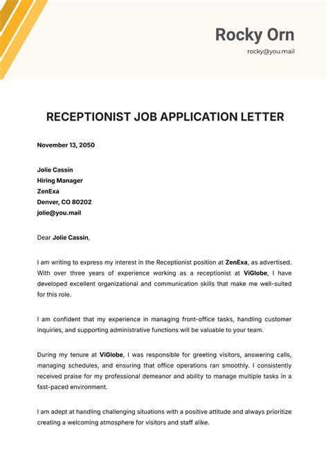 Free Receptionist Job Application Letter Template - Edit Online & Download | Template.net