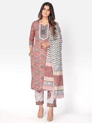 Buy Vbuyz Printed & Embroidered Cotton Pink Kurta Pant With Dupatta ...