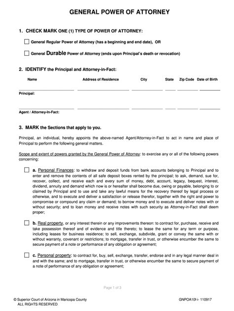 Arizona General Power of Attorney Form - Blank Fillable Template | Fill ...