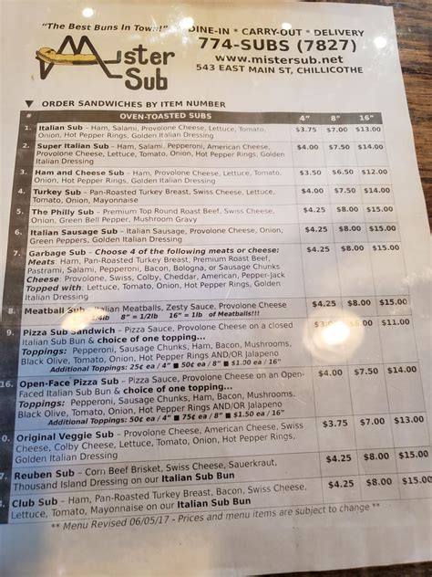 Menu at Mister Sub restaurant, Chillicothe, 543 E Main St