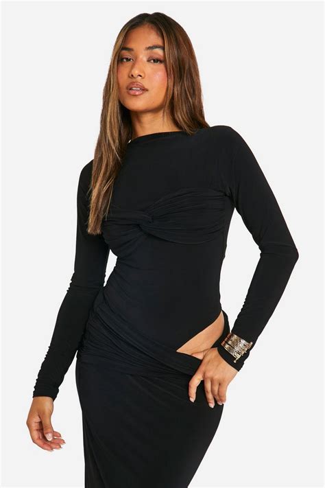 Petite Double Slinky Twist Detail Bodysuit | boohoo