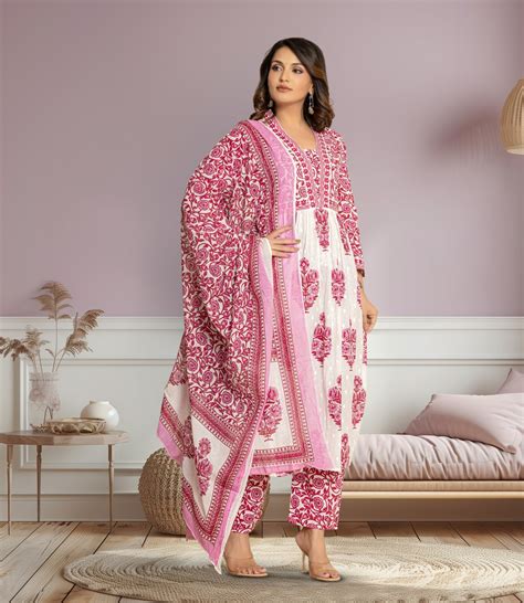 Pink and White Floral Block Print Kurta Set – Devnaari