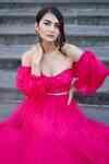Buy Pink Net Embroidery, Beads Sweetheart Neck Tiered Lehenga Blouse ...