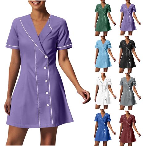 Horkkom Scrubs for Women Splicing Lapel Nursing Scrub Dresses Stretchy ...