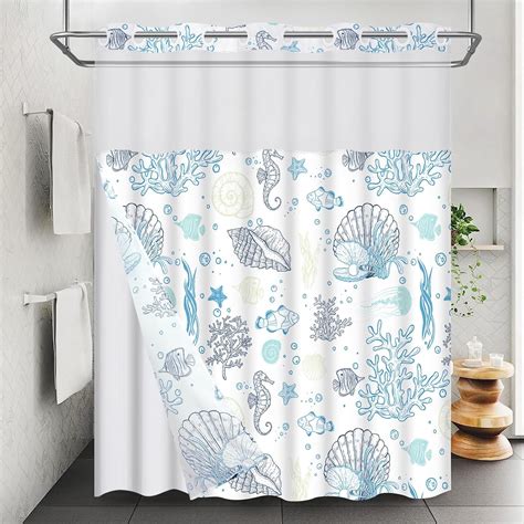 Ikfashoni Hookless Shower Curtain with Snap in Liner,Ocean Beach ...